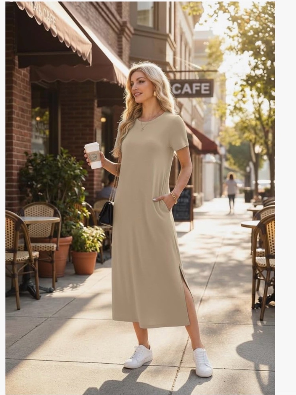 Relaxed Short-Sleeve Maxi Dress in Taupe